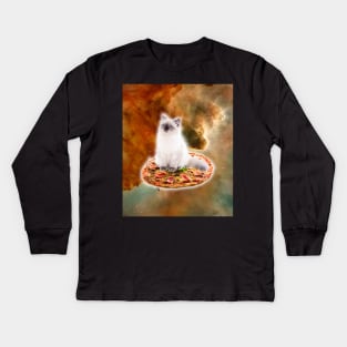 Galaxy Kitty Cat Riding Pizza In Space Kids Long Sleeve T-Shirt